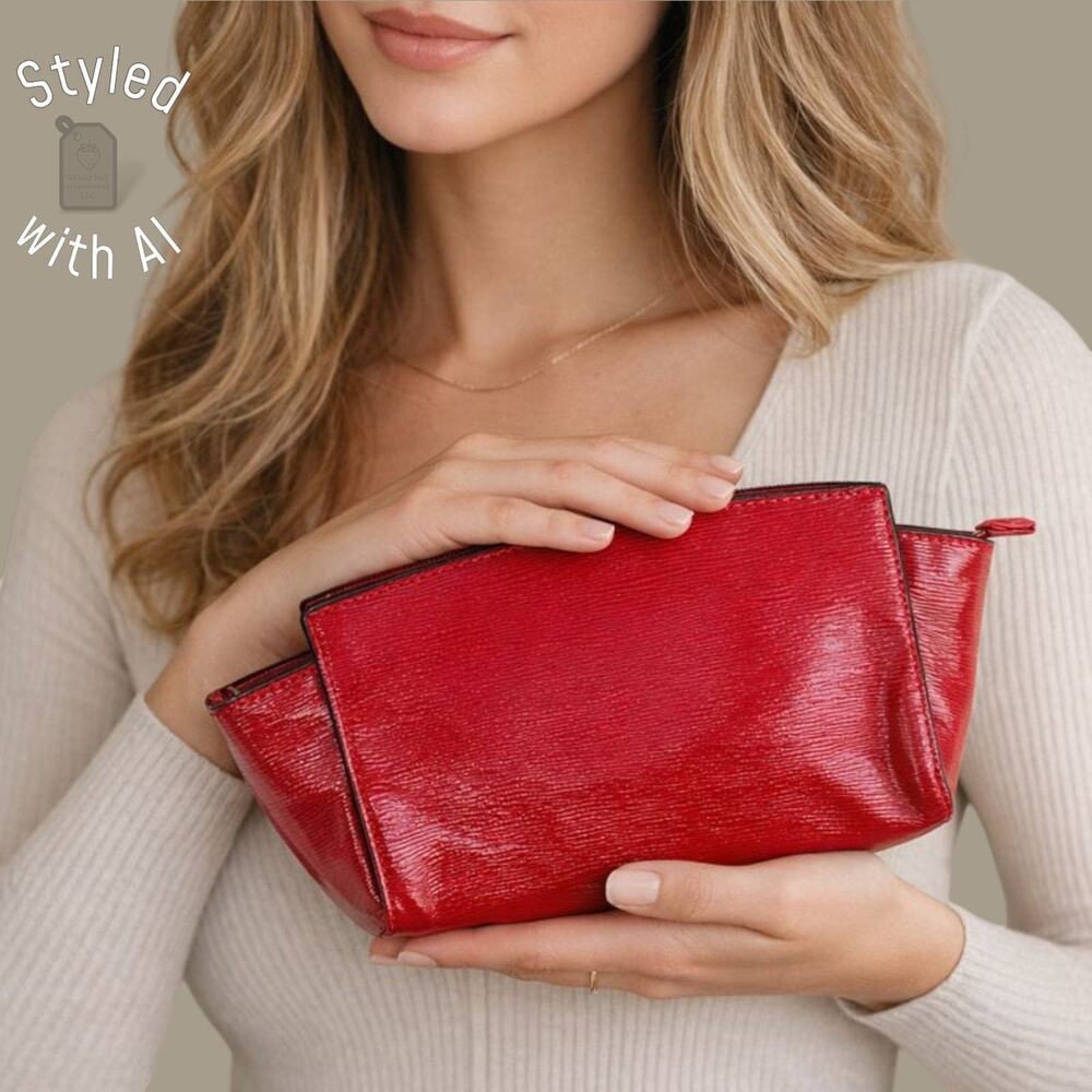 Estée Lauder Red Textured Makeup Bag | Gold-Tone Zip Cosmetic Pouch